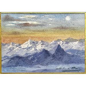 Odin Blanche (1865-1957) Mount Rigi Under The Snow, Switzerland - Watercolor
