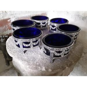 Rare Suite Of 6 Salerons In Sterling Silver And Blue Crystal 19th Century 
