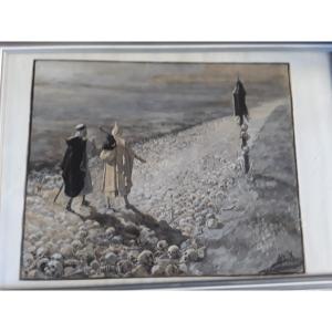 Amazing Morbid Subject Watercolor By J. M. Baldo.