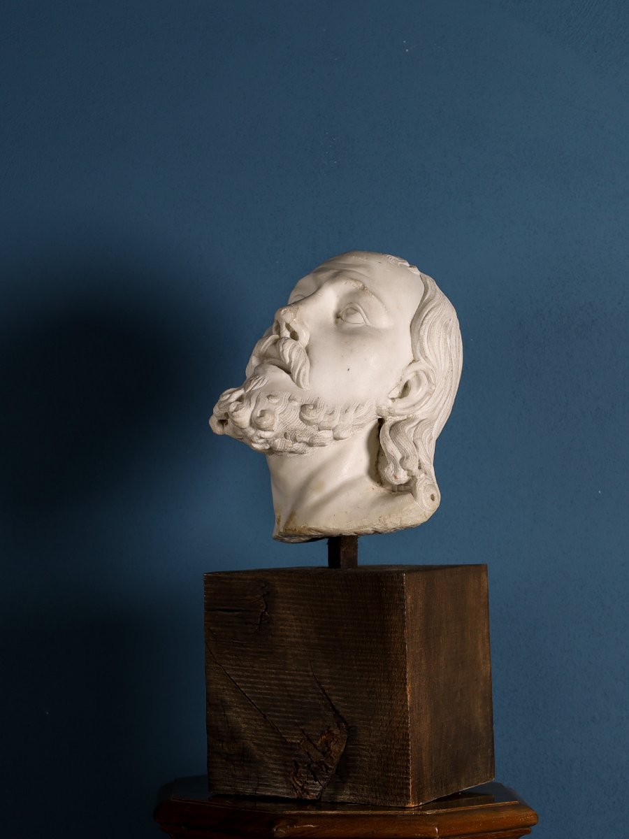 Tête d’homme barbu aux longs cheveux en marbre, Girolamo Ticciati (1676-1744), École italienne-photo-3