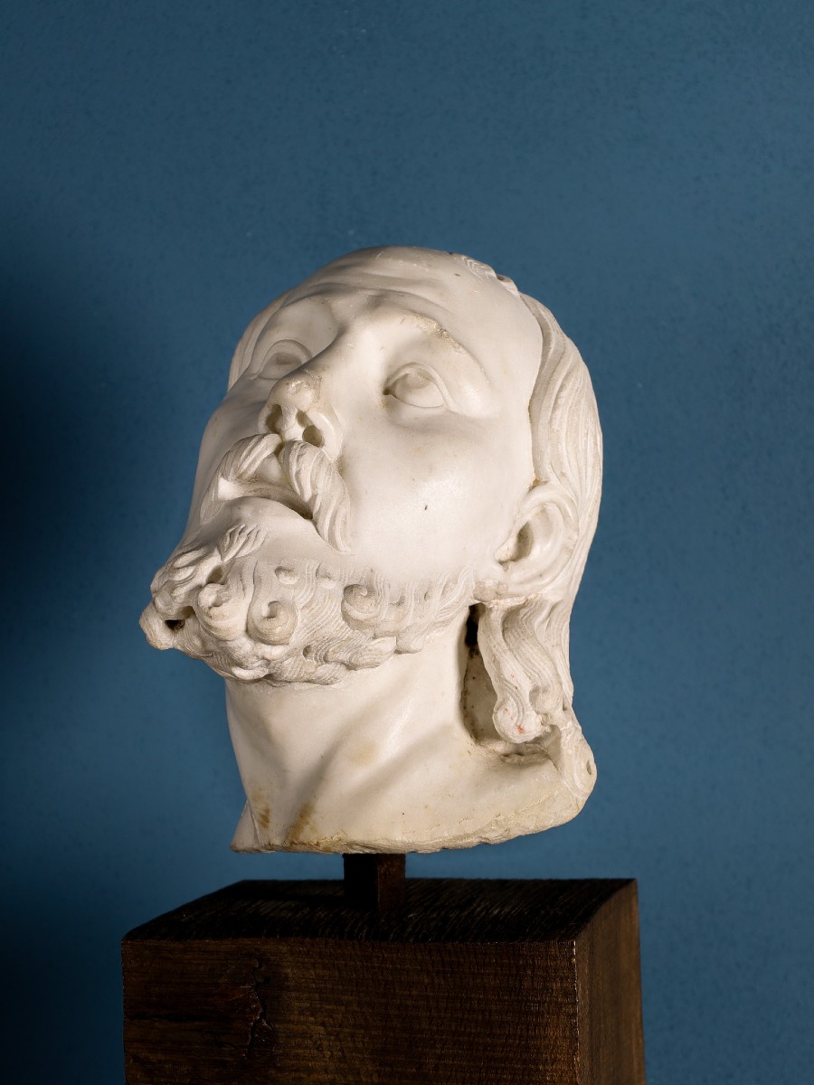 Tête d’homme barbu aux longs cheveux en marbre, Girolamo Ticciati (1676-1744), École italienne