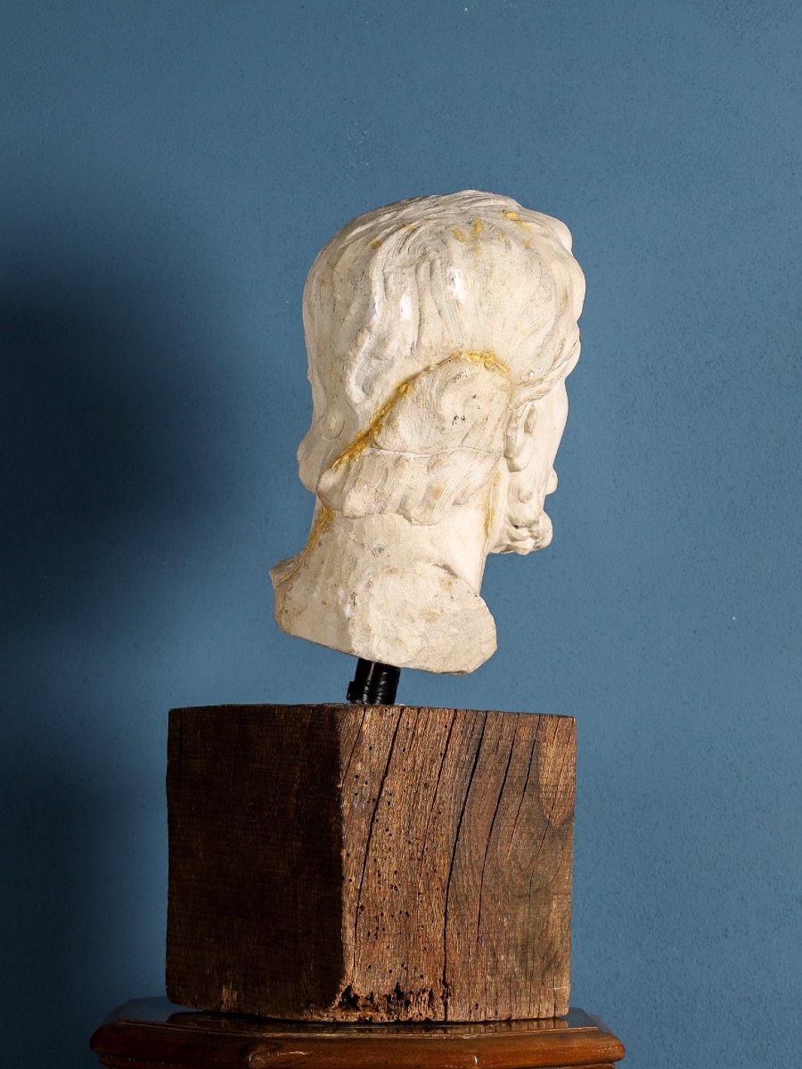 Tête masculine en marbre, barbe et cheveux ondulés, Girolamo Ticciati, XVIIIe siècle-photo-3