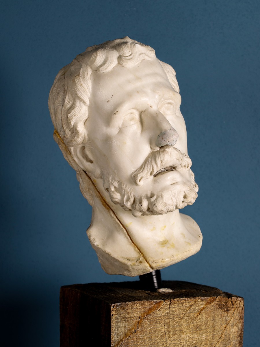 Tête masculine en marbre, barbe et cheveux ondulés, Girolamo Ticciati, XVIIIe siècle