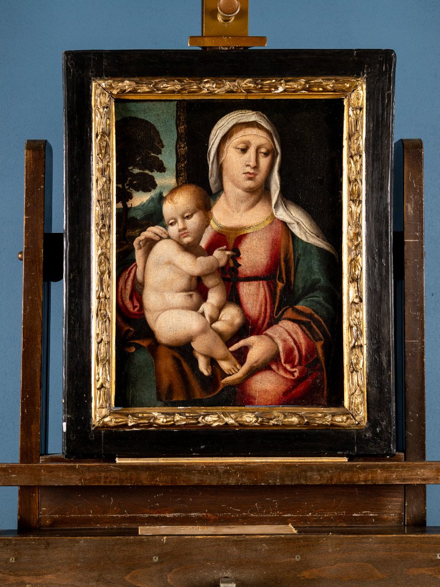 Vierge à l’Enfant en paysage, Huile sur panneau, Domenico Capriolo (Venice 1494 - 1528)-photo-2