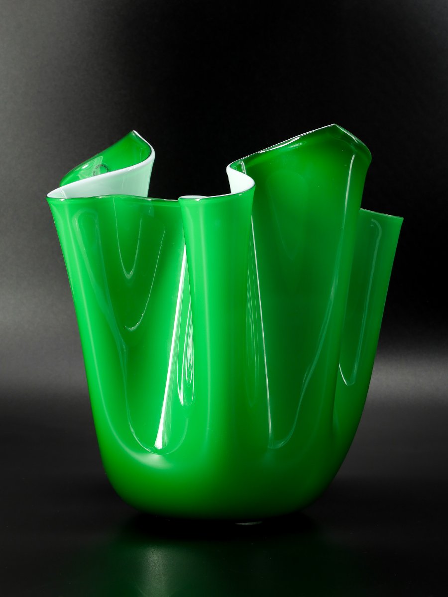 Vase “fazzoletto” en verre vert, Venini 1989, Murano-photo-2