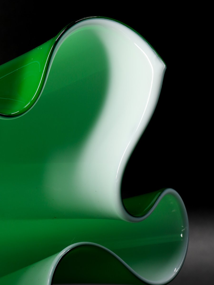 Vase “fazzoletto” en verre vert, Venini 1989, Murano-photo-8