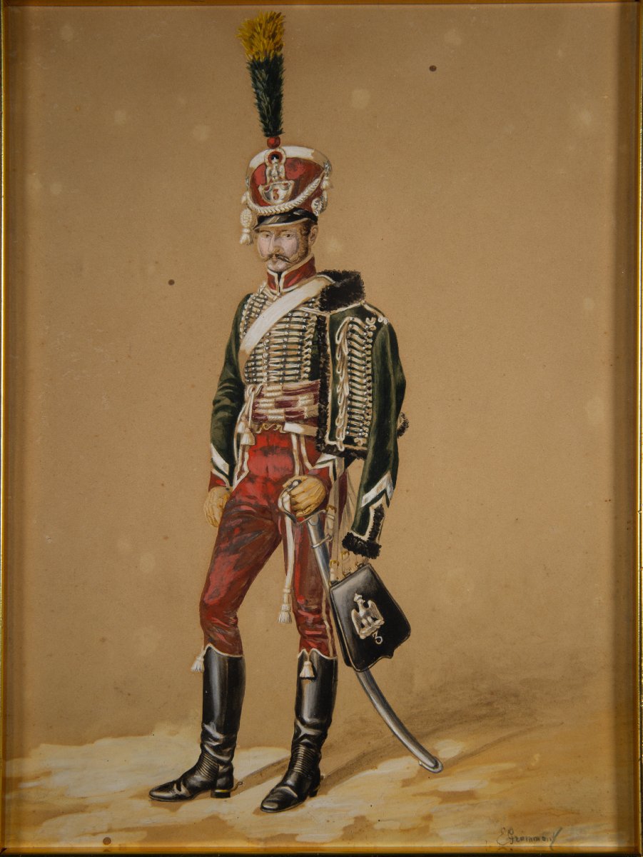 Ussaro del Regno di Napoli, acquerello firmato Emmanuel Grammont, XIX secolo-photo-3
