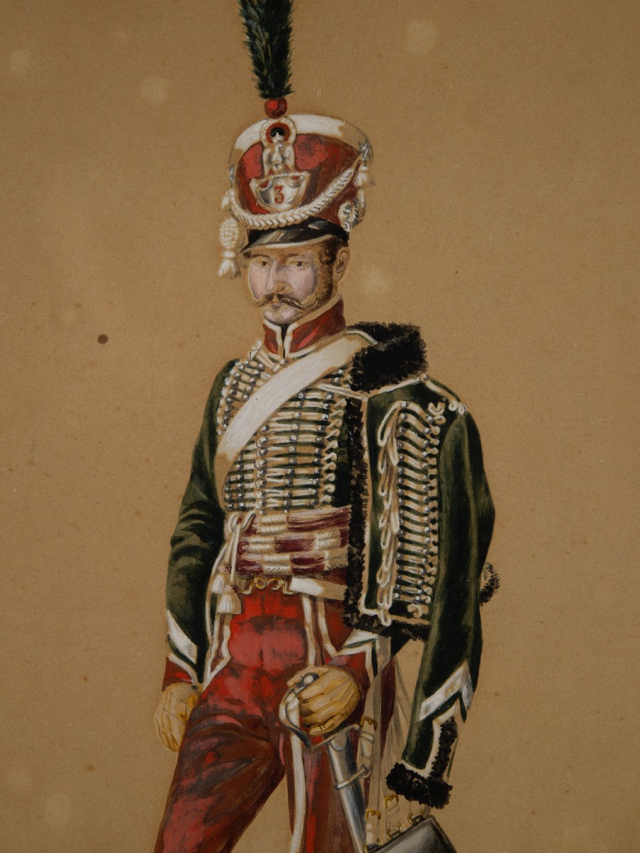 Ussaro del Regno di Napoli, acquerello firmato Emmanuel Grammont, XIX secolo-photo-1