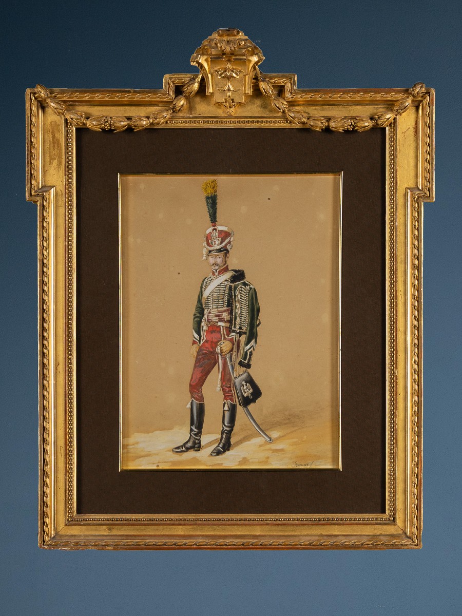 Ussaro del Regno di Napoli, acquerello firmato Emmanuel Grammont, XIX secolo