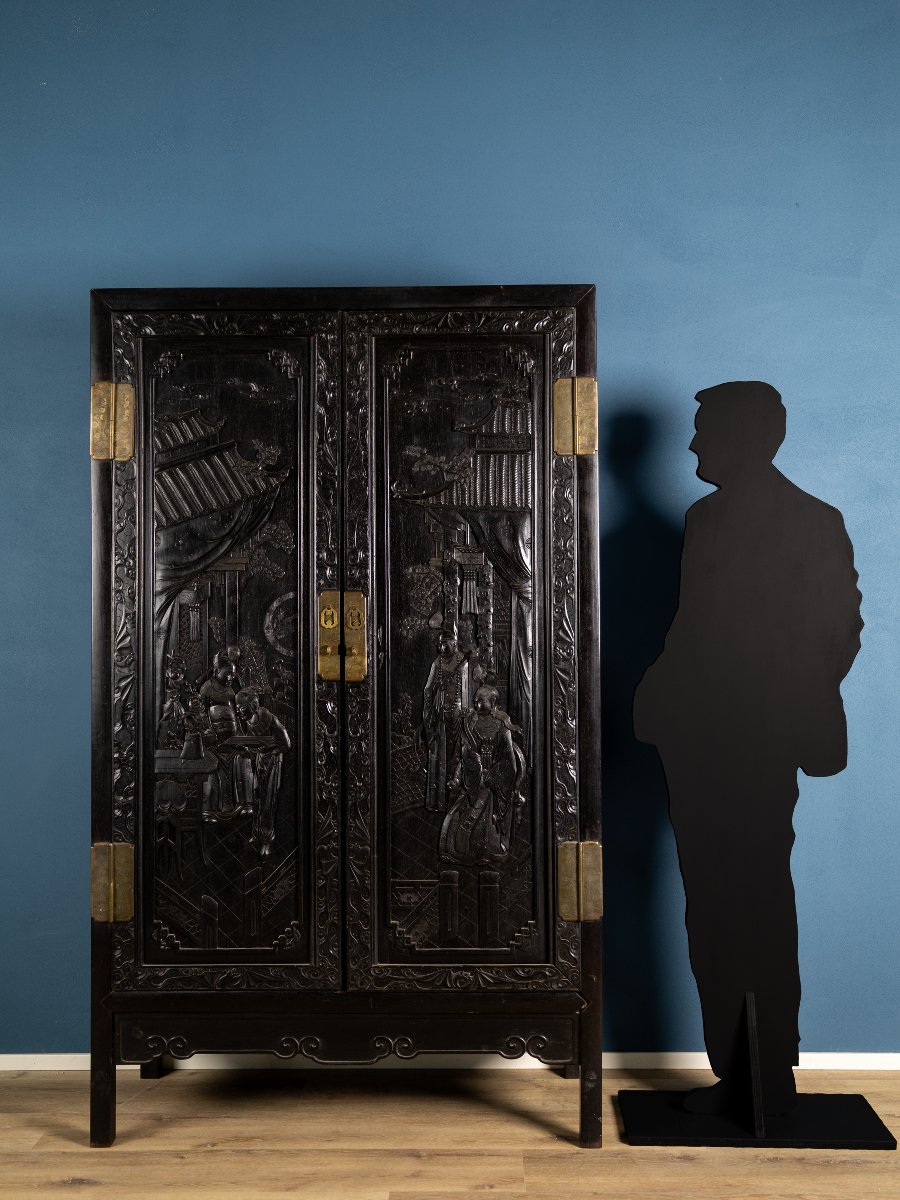 Mobiletto cinese in legno intagliato, Scene di vita imperiale, Cina XIX secolo-photo-2