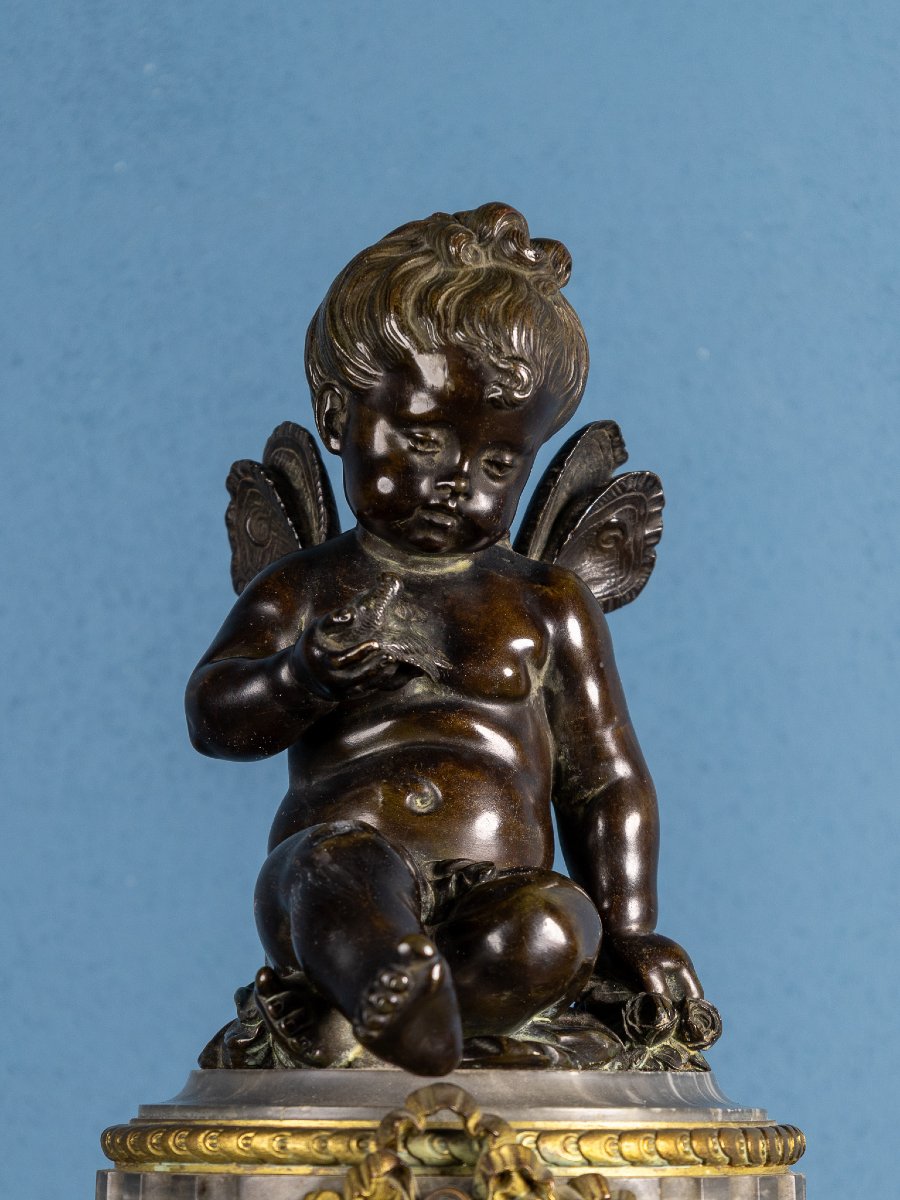 Orologio francese in marmo e bronzo dorato, Putto in bronzo, Fine XIX secolo-photo-3