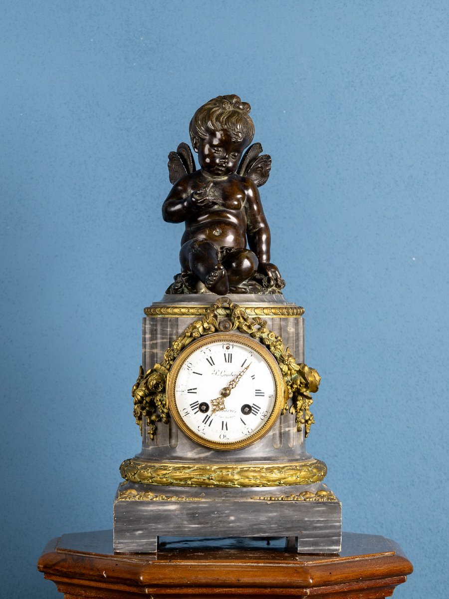 Orologio francese in marmo e bronzo dorato, Putto in bronzo, Fine XIX secolo-photo-1