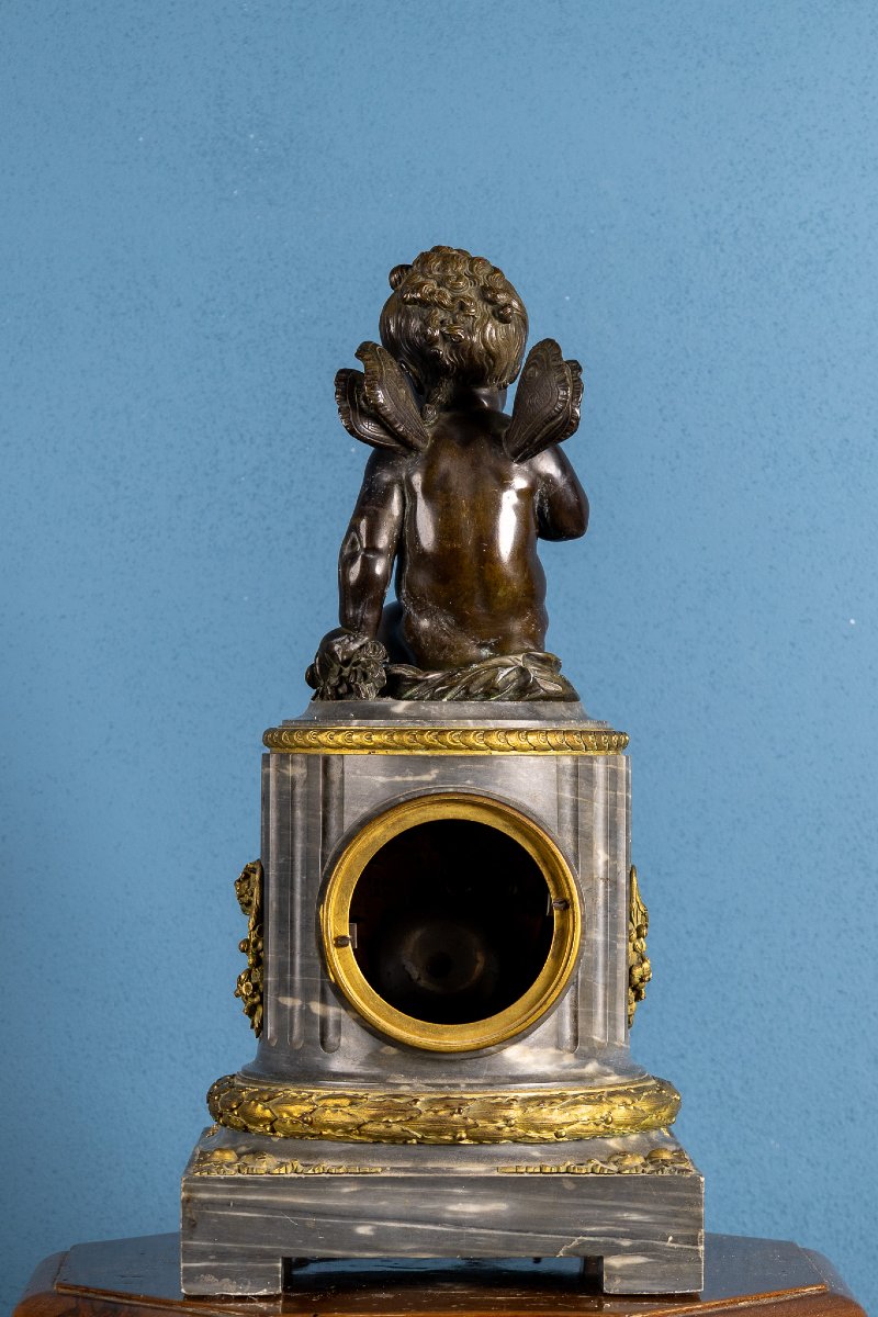 Orologio francese in marmo e bronzo dorato, Putto in bronzo, Fine XIX secolo-photo-2