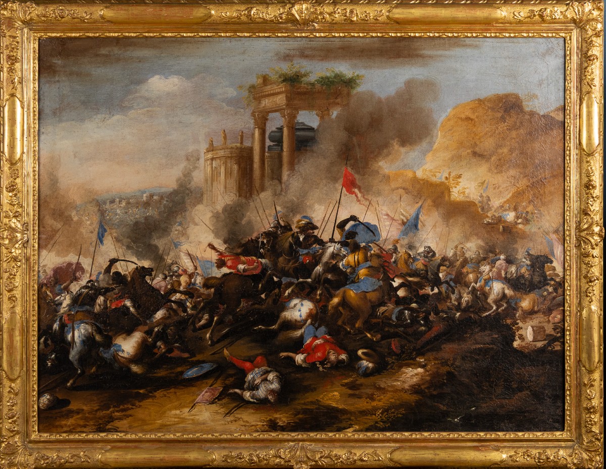 Scena di battaglia, Antonio Calza (1653–1725), con perizia di Egidio Martini