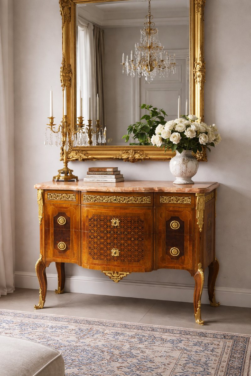 Comò in stile Napoleone III, Intarsi e applicazioni in bronzo dorato, Francia XIX secolo-photo-2