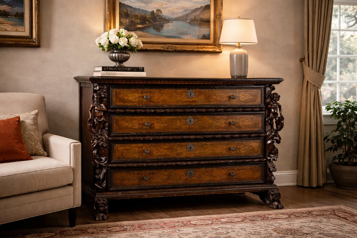 Cassettone bergamasco a quattro cassetti con cariatidi a orecchioni, inizi XVII secolo-photo-1