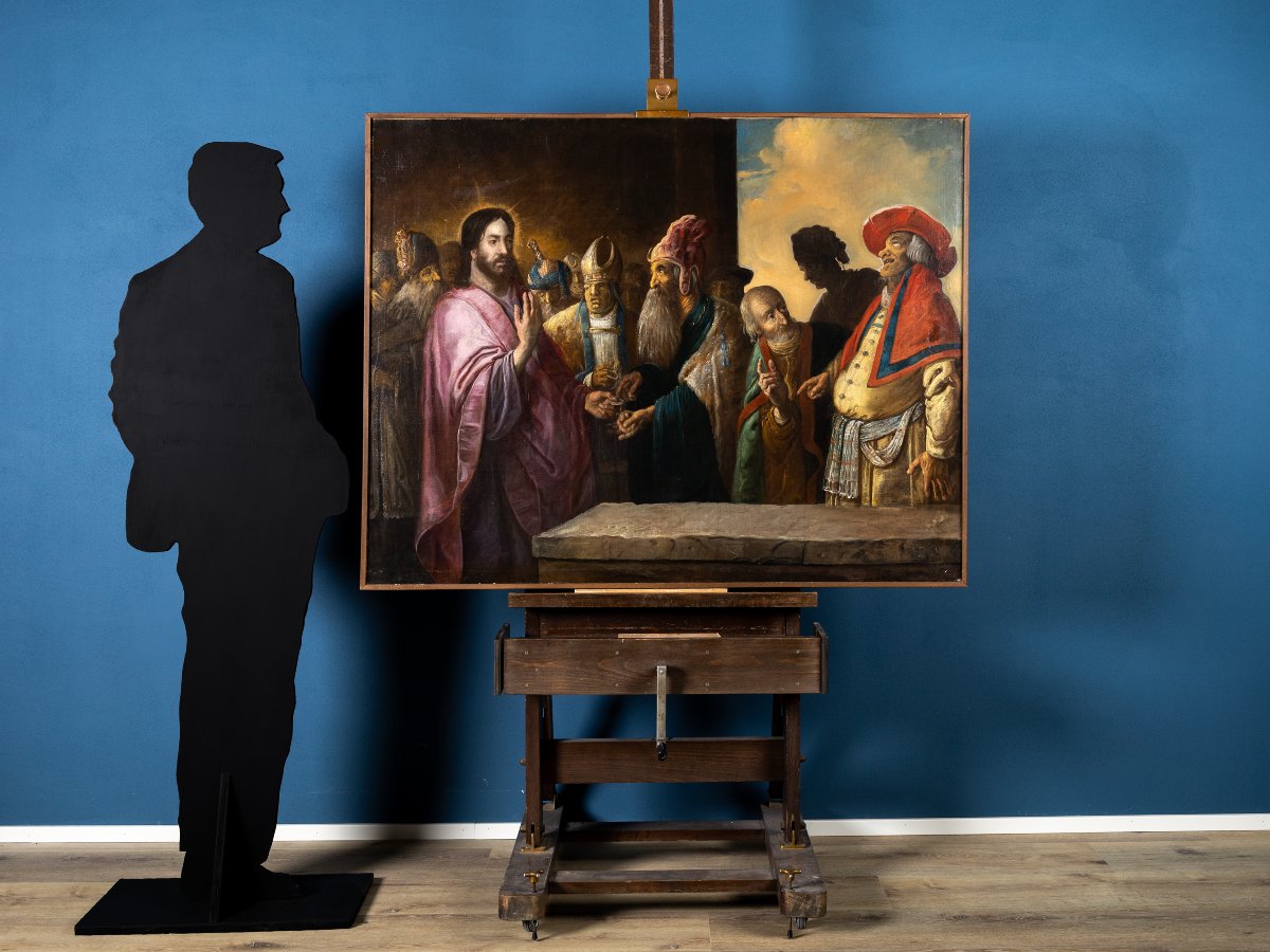 Il Tributo a Cesare, siglato sul parapetto HB f. (fecit), alto veneto XVII secolo, olio su tela-photo-2