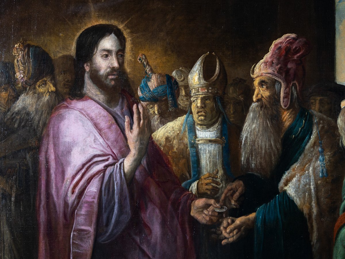 Il Tributo a Cesare, siglato sul parapetto HB f. (fecit), alto veneto XVII secolo, olio su tela-photo-3