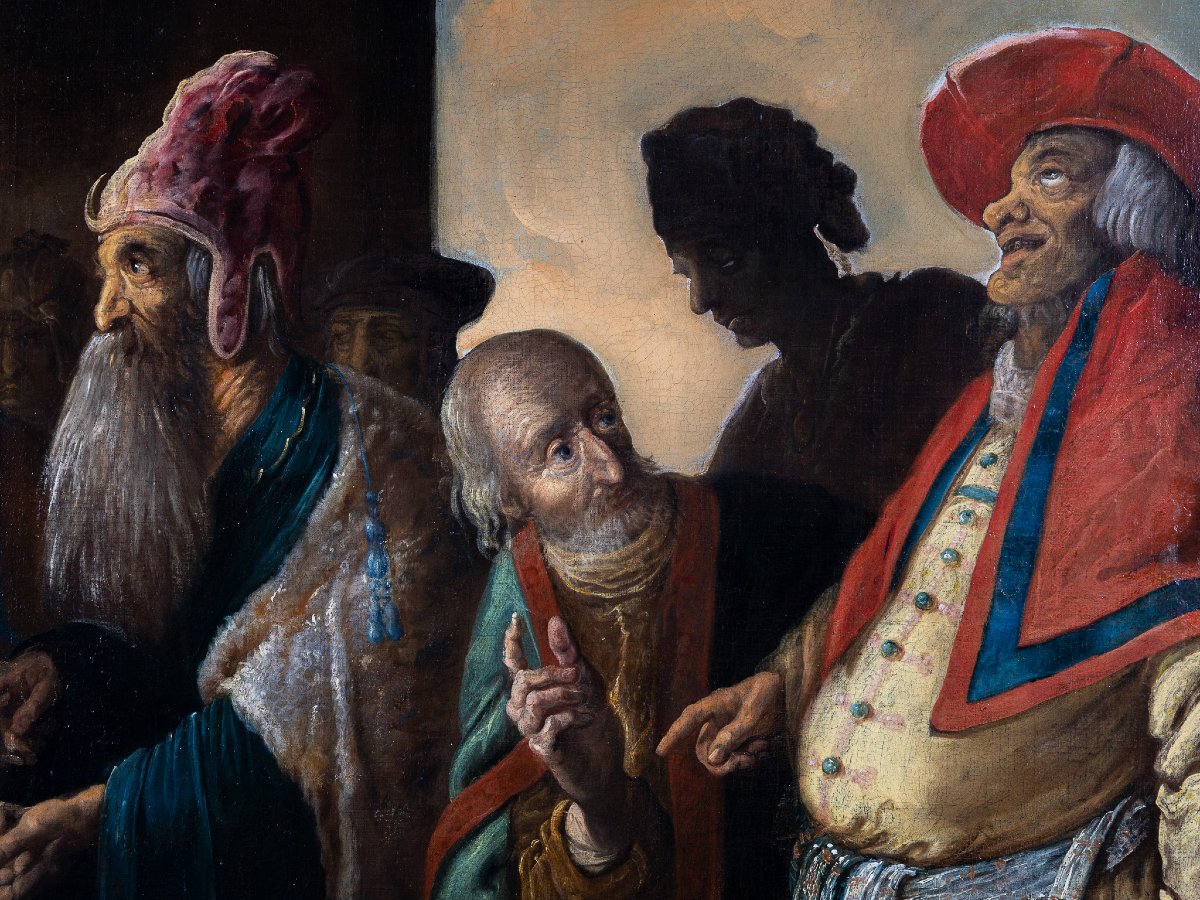 Il Tributo a Cesare, siglato sul parapetto HB f. (fecit), alto veneto XVII secolo, olio su tela-photo-1