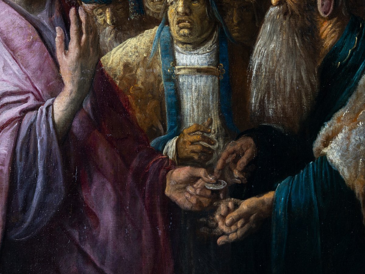 Il Tributo a Cesare, siglato sul parapetto HB f. (fecit), alto veneto XVII secolo, olio su tela-photo-2