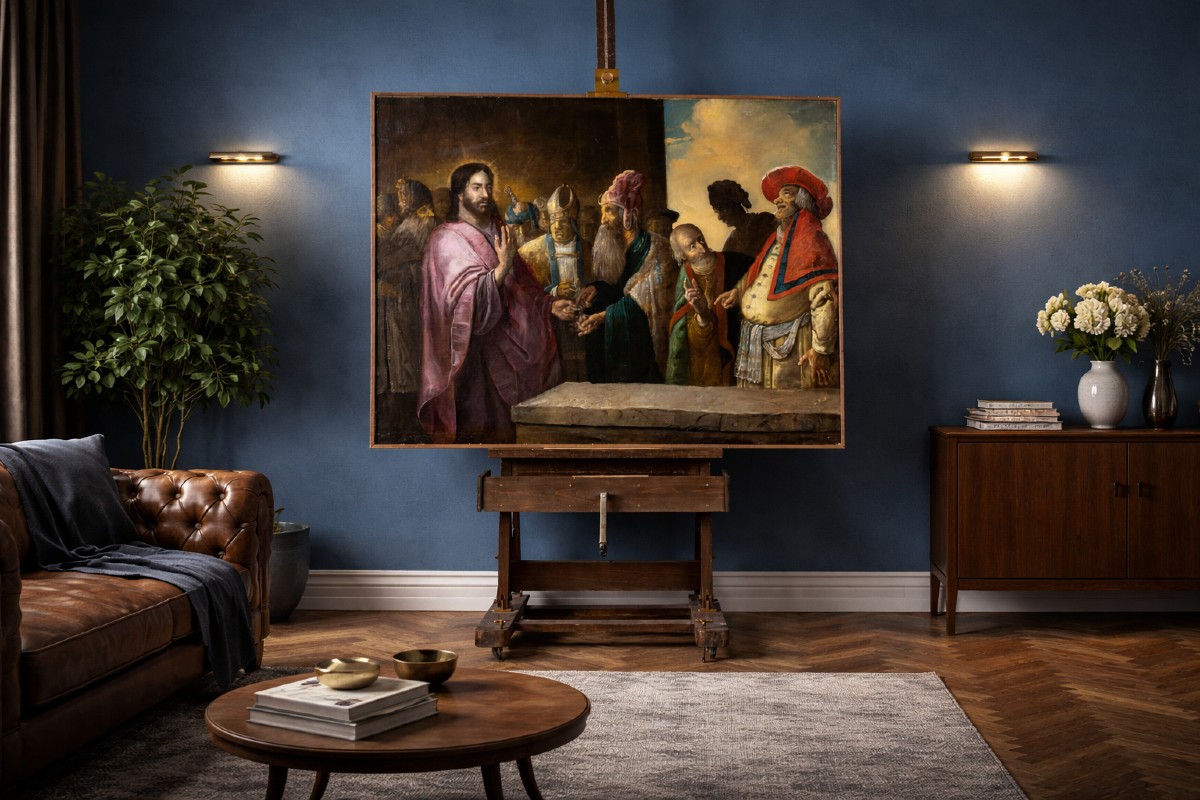 Il Tributo a Cesare, siglato sul parapetto HB f. (fecit), alto veneto XVII secolo, olio su tela-photo-3