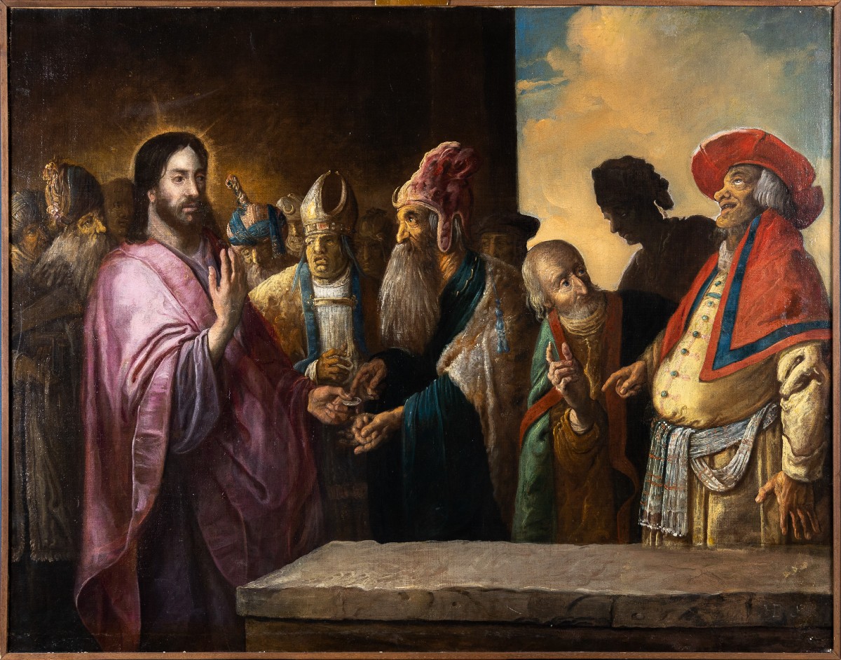 Il Tributo a Cesare, siglato sul parapetto HB f. (fecit), alto veneto XVII secolo, olio su tela