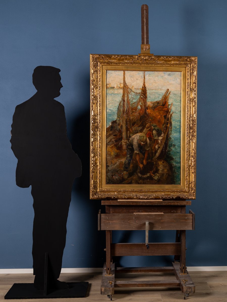 L. Bazzaro (1853–1937), “La pesca delle mollucche”, 1891, Importante olio su tela -photo-2