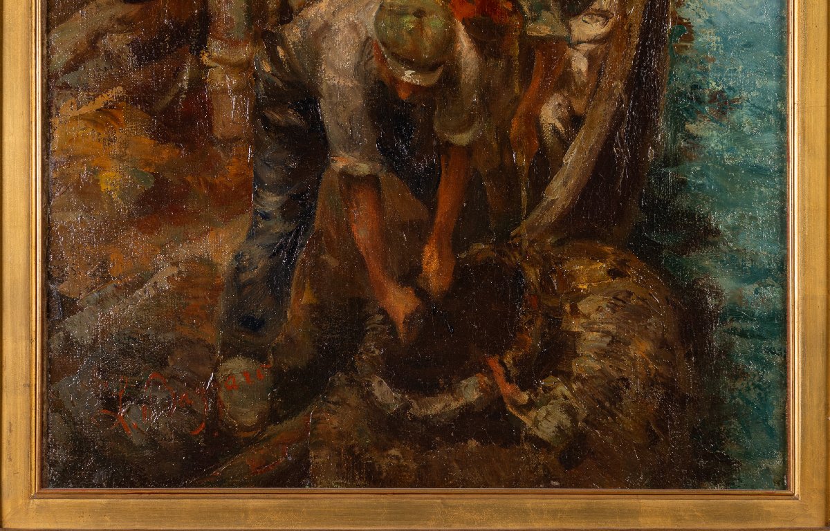 L. Bazzaro (1853–1937), “La pesca delle mollucche”, 1891, Importante olio su tela -photo-4