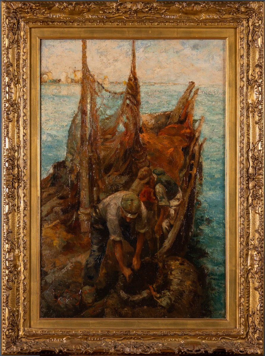 L. Bazzaro (1853–1937), “La pesca delle mollucche”, 1891, Importante olio su tela 