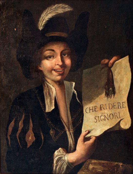 Giovane picaro con cartiglio “Che ridere signori”, Olio su tela, XVIII secolo-photo-2