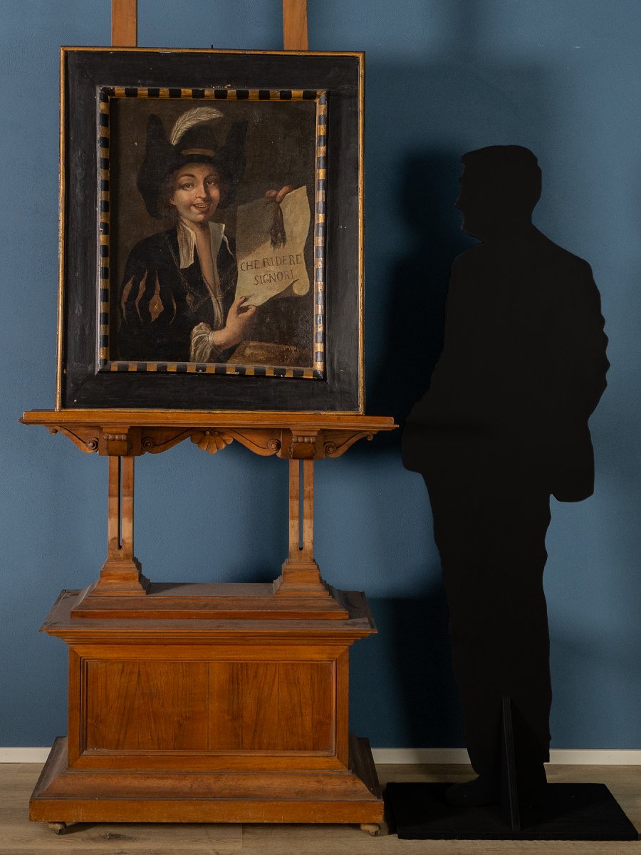 Giovane picaro con cartiglio “Che ridere signori”, Olio su tela, XVIII secolo-photo-3