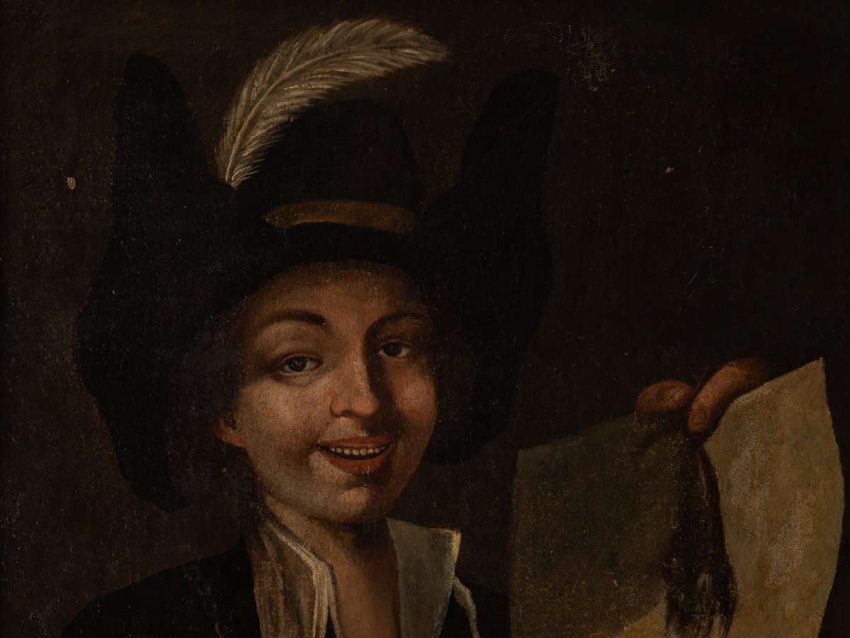 Giovane picaro con cartiglio “Che ridere signori”, Olio su tela, XVIII secolo-photo-1