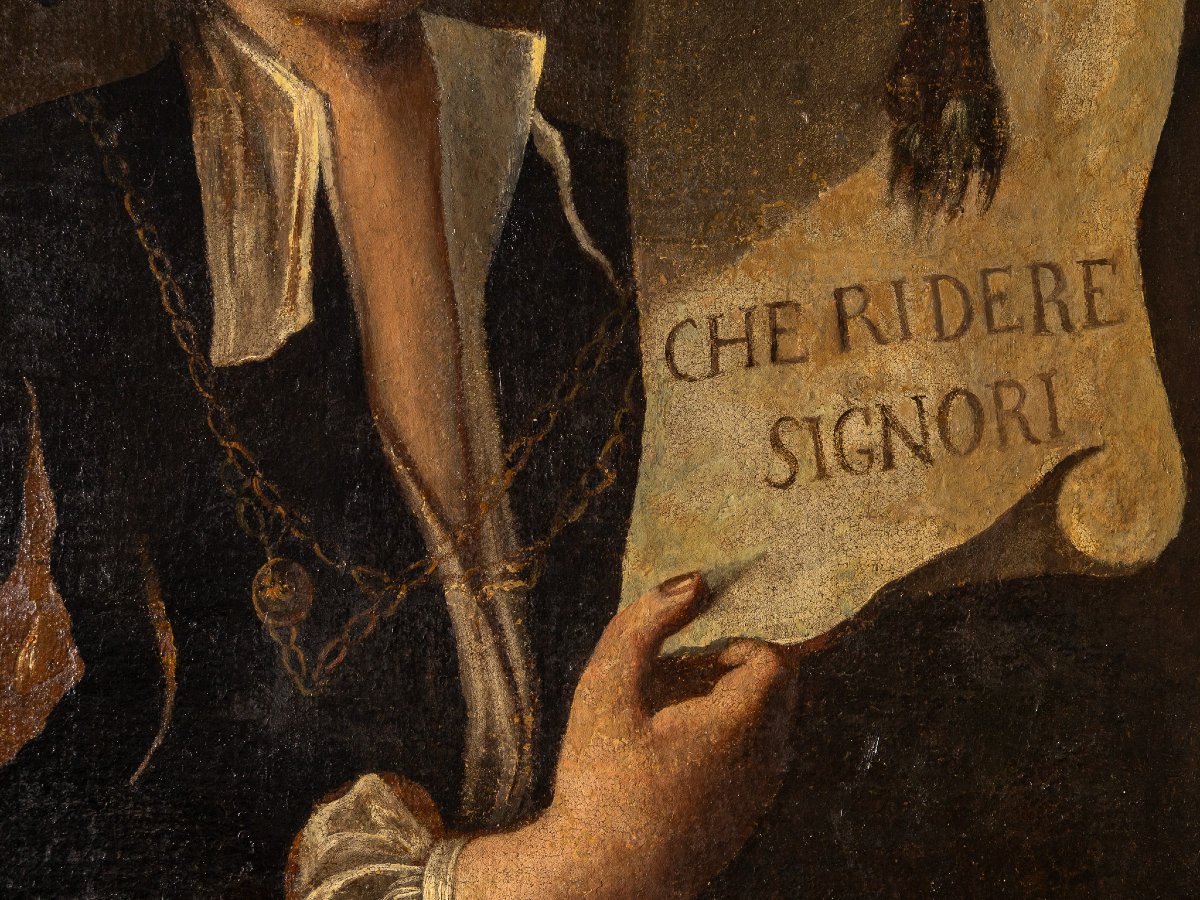Giovane picaro con cartiglio “Che ridere signori”, Olio su tela, XVIII secolo-photo-2