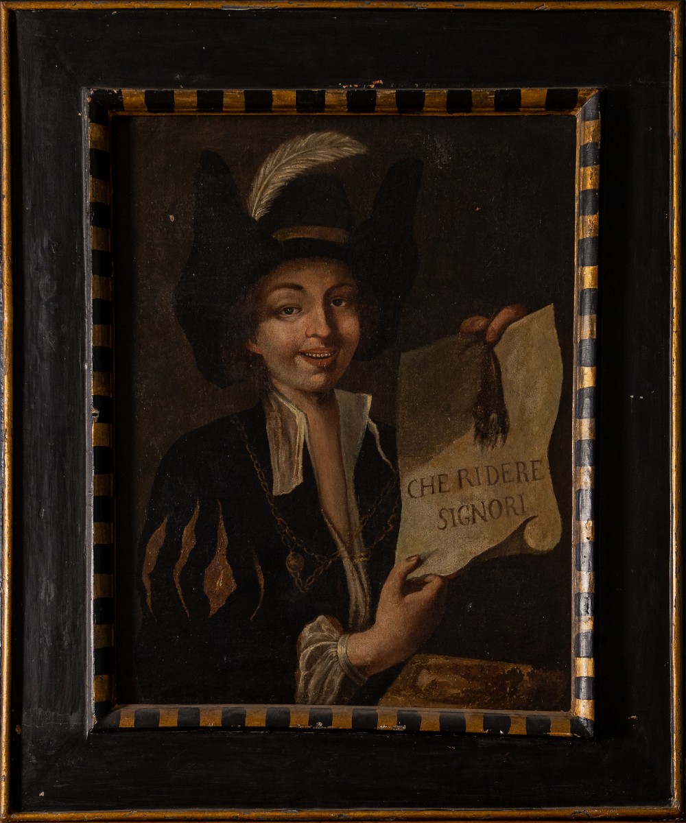 Giovane picaro con cartiglio “Che ridere signori”, Olio su tela, XVIII secolo