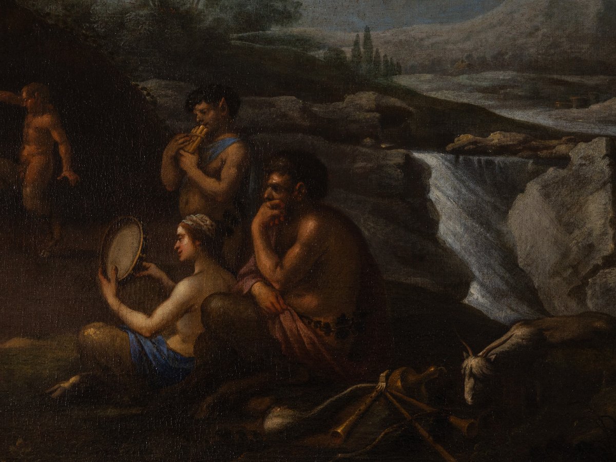 Agostino Carracci attribuito, Paesaggio con ninfe e satiri, Olio su tela XVI secolo-photo-3