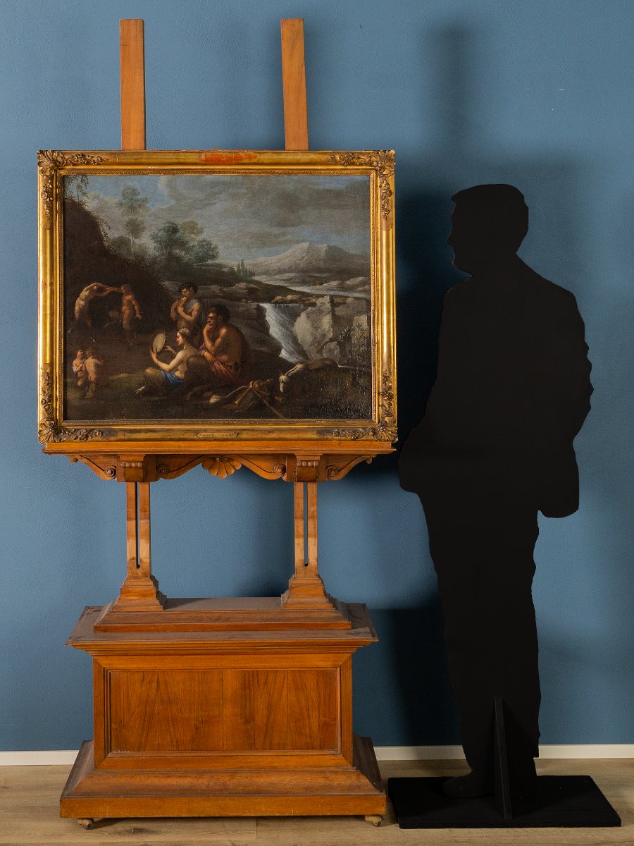 Agostino Carracci attribuito, Paesaggio con ninfe e satiri, Olio su tela XVI secolo-photo-4