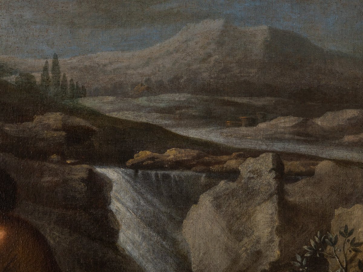 Agostino Carracci attribuito, Paesaggio con ninfe e satiri, Olio su tela XVI secolo-photo-3