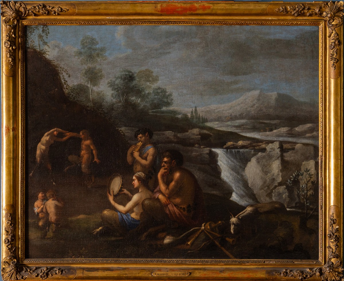 Agostino Carracci attribuito, Paesaggio con ninfe e satiri, Olio su tela XVI secolo