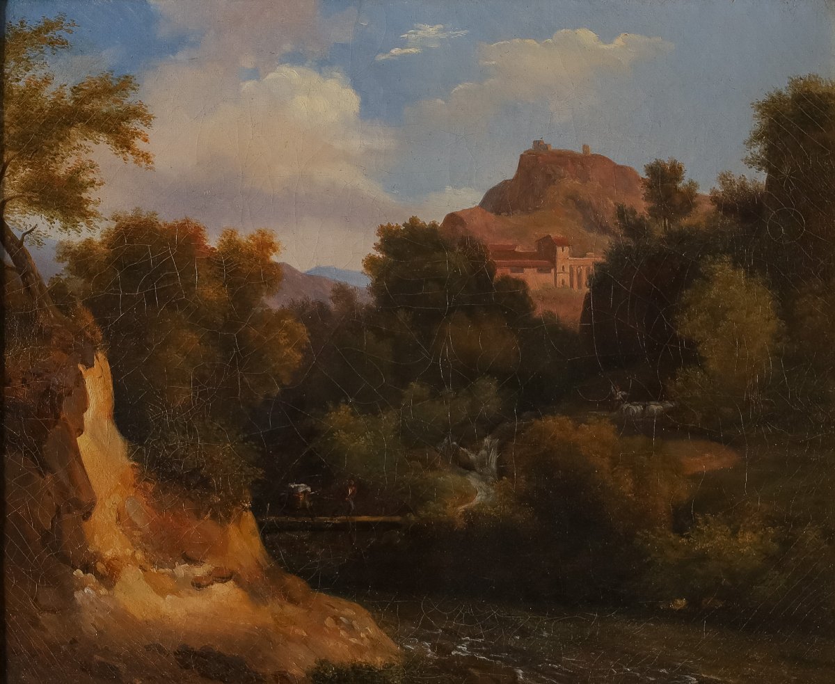 Paesaggio romantico con borgo e castello, Scuola Romana del XIX secolo, olio su tela-photo-2