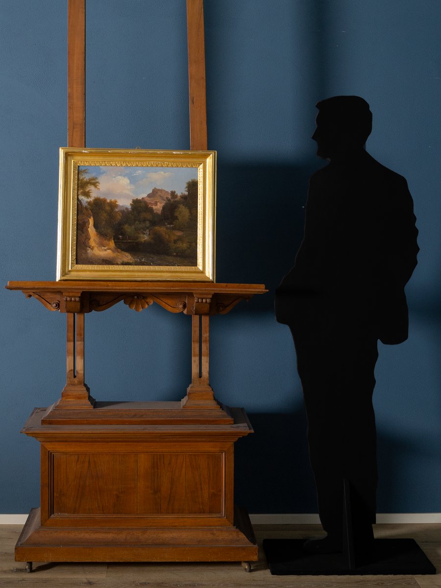 Paesaggio romantico con borgo e castello, Scuola Romana del XIX secolo, olio su tela-photo-3