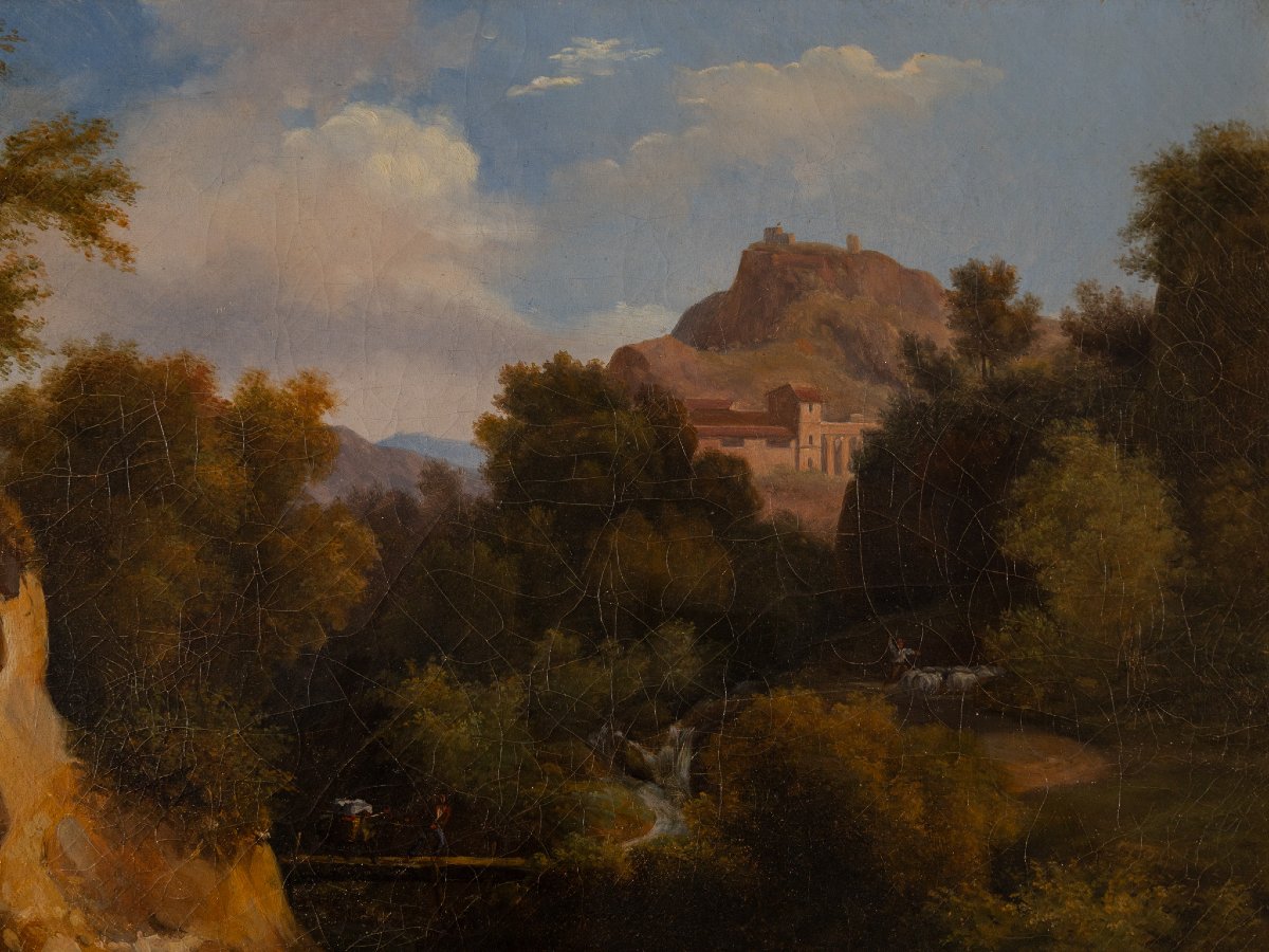Paesaggio romantico con borgo e castello, Scuola Romana del XIX secolo, olio su tela-photo-1