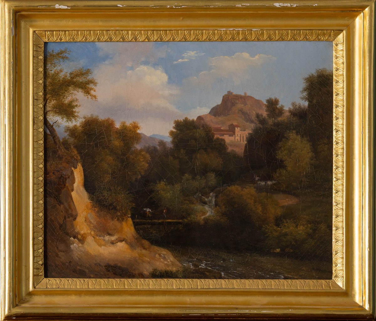 Paesaggio romantico con borgo e castello, Scuola Romana del XIX secolo, olio su tela