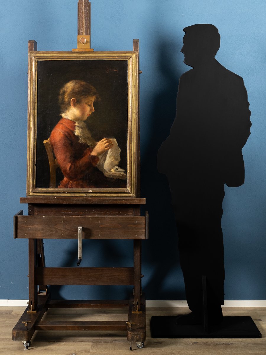 Giovanni Polli, Ritratto di giovane fanciulla al ricamo, olio su tela-photo-2