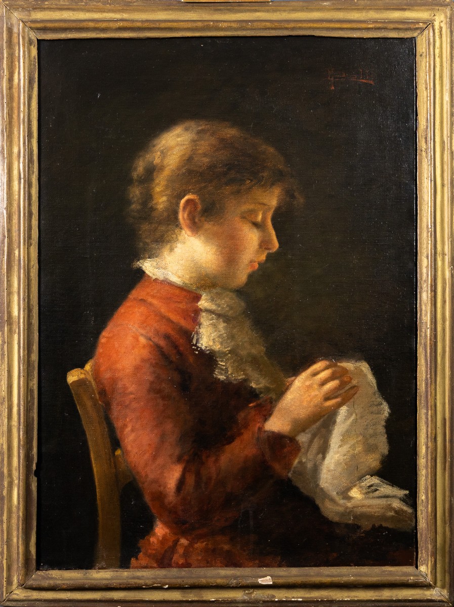 Giovanni Polli, Ritratto di giovane fanciulla al ricamo, olio su tela