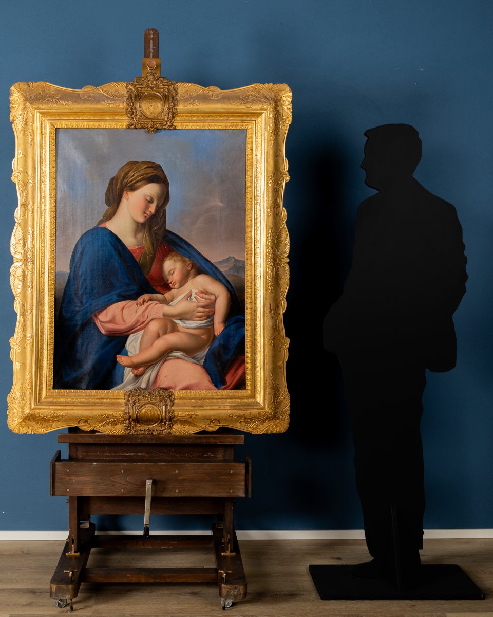 Madonna con Bambino firmata e datata Antonio Boldini 1849, Olio su tela con importante cornice -photo-3