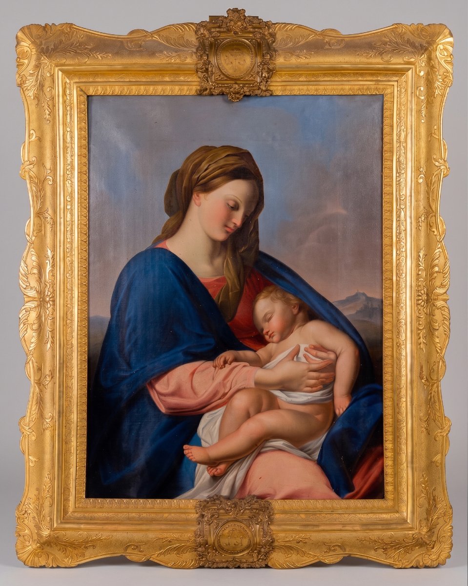Madonna con Bambino firmata e datata Antonio Boldini 1849, Olio su tela con importante cornice 