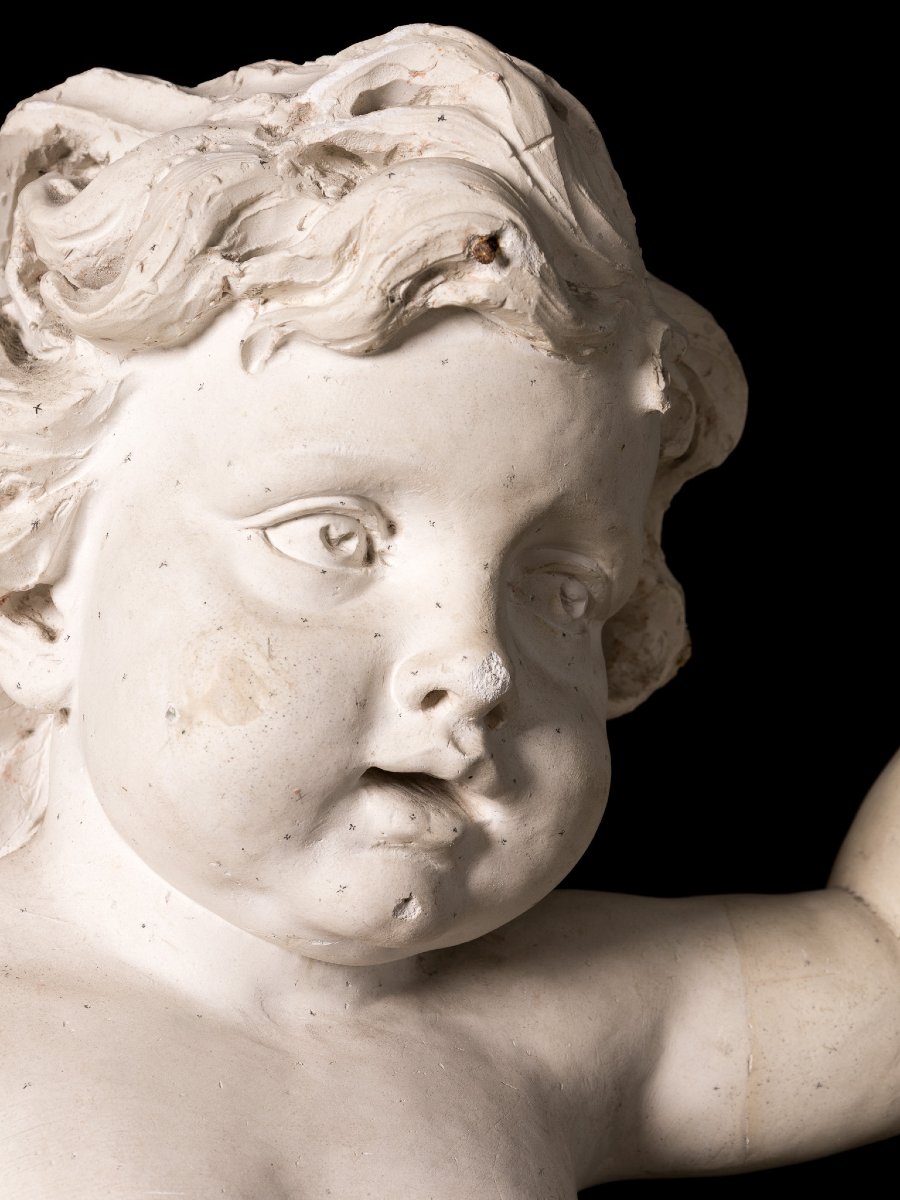 Importante modello scultoreo in gesso con tre putti reggi bacile, Italia XIX secolo-photo-5