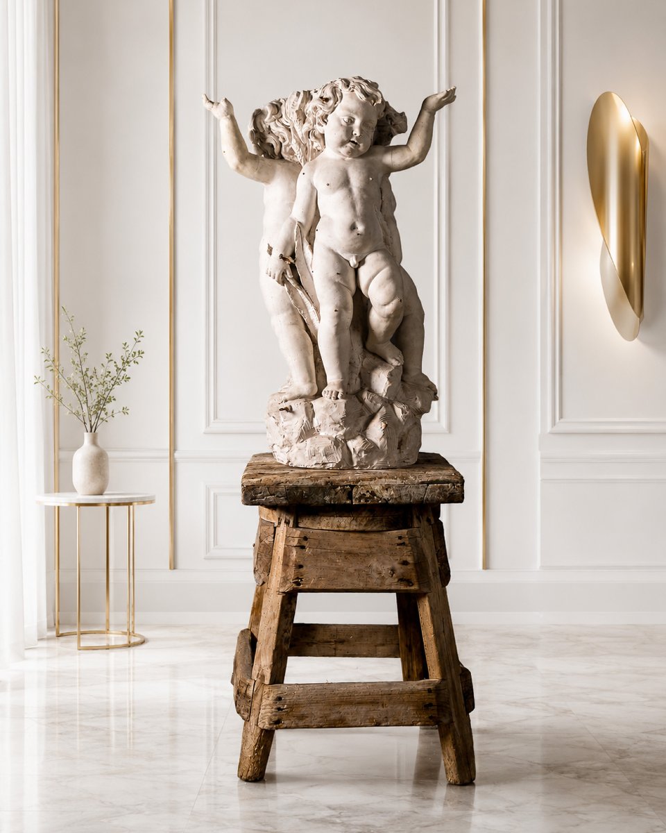 Importante modello scultoreo in gesso con tre putti reggi bacile, Italia XIX secolo