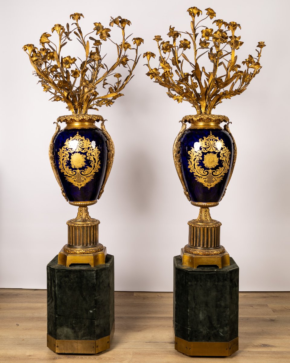 Coppia di Grandi Vasi Sèvres in Porcellana e Bronzo Dorato con Bouquets Floreali, Francia XIX s-photo-2