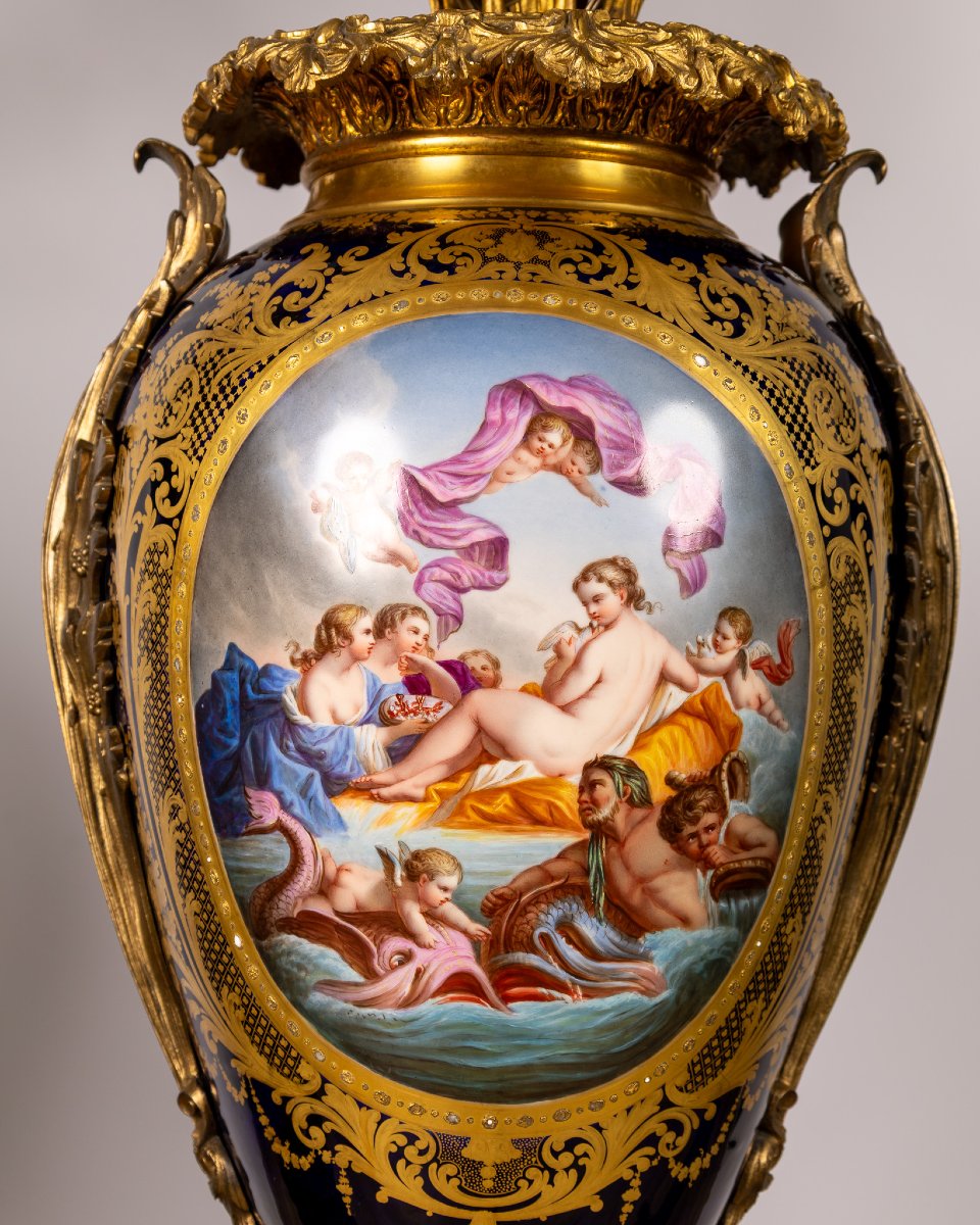 Coppia di Grandi Vasi Sèvres in Porcellana e Bronzo Dorato con Bouquets Floreali, Francia XIX s-photo-4